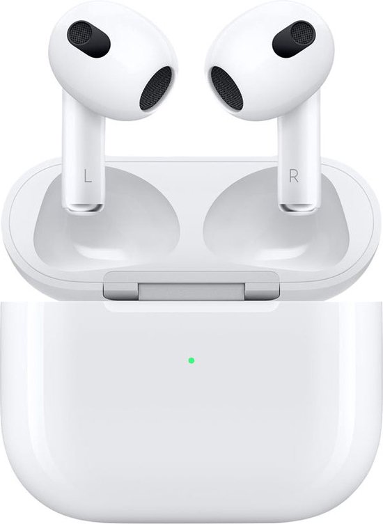 Witte AirPods met 'L' en 'R' op de oordopjes, in een open witte oplaadcase met groen lampje.