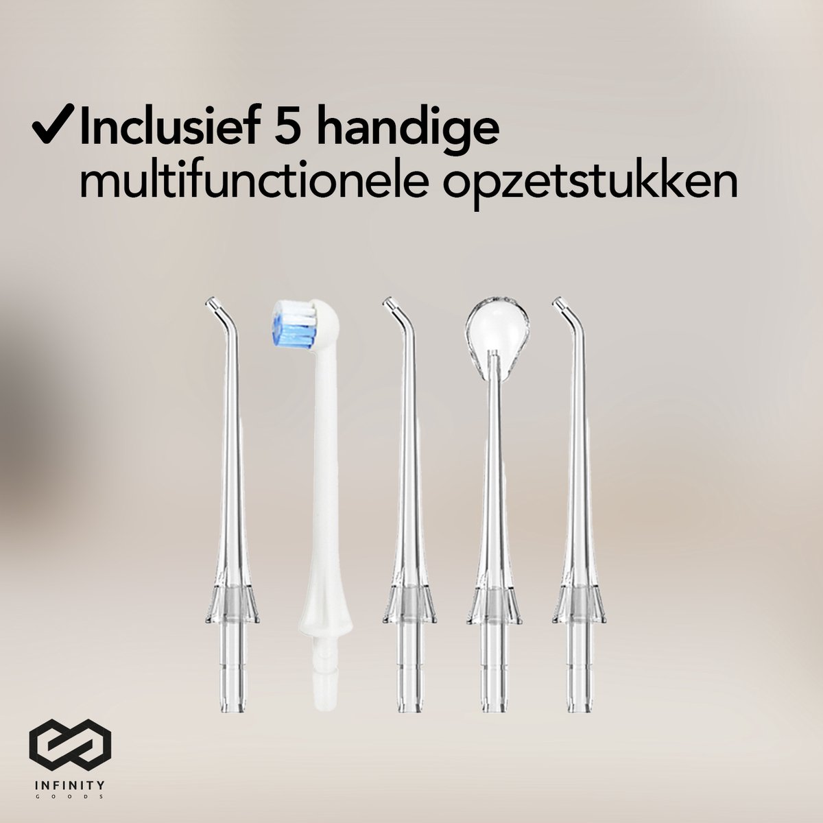 Infinity Goods Waterflosser - Monddouche - Elektrisch Flosapparaat - Draadloos En Oplaadbaar - 5 Opzetstukken - Zwart thumbnail 7
