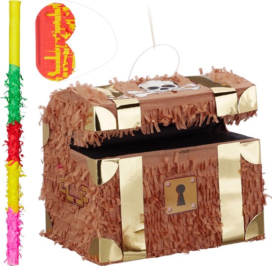 Foto: Relaxdays 3 delige pinata set schatkist pinatastok en blinddoek pi ata accessoires