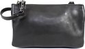 Zwarte leren clutch met rits, polsbandje en zilverkleurige details.