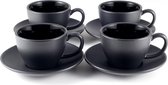 Cappuccino kopjes set van 4 (180 ml) van aardewerk - hoogwaardige en dikwandige koffiekopjes met schoteltjes (zwart)