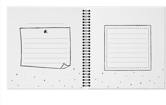 Een open boek met twee lege notitieblokjes, klaar om te schrijven, met stippen en kleine cirkels als decoratie.