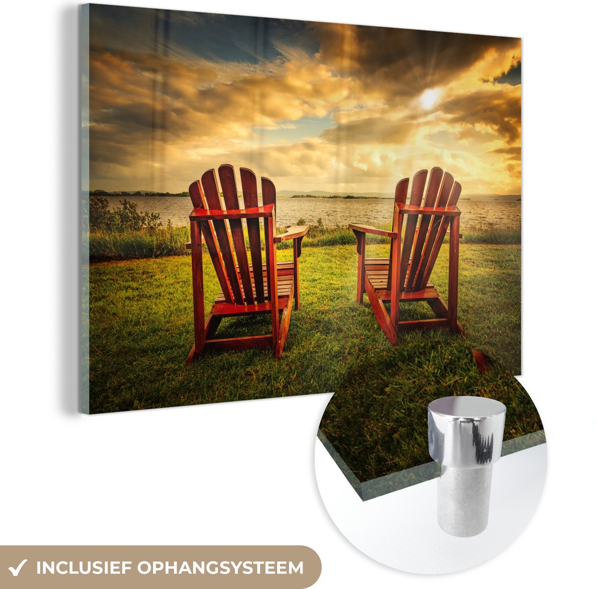 ® Glasschilderij 180x120 cm - Schilderij acrylglas - Twee tuinstoelen in de tuin bij het w