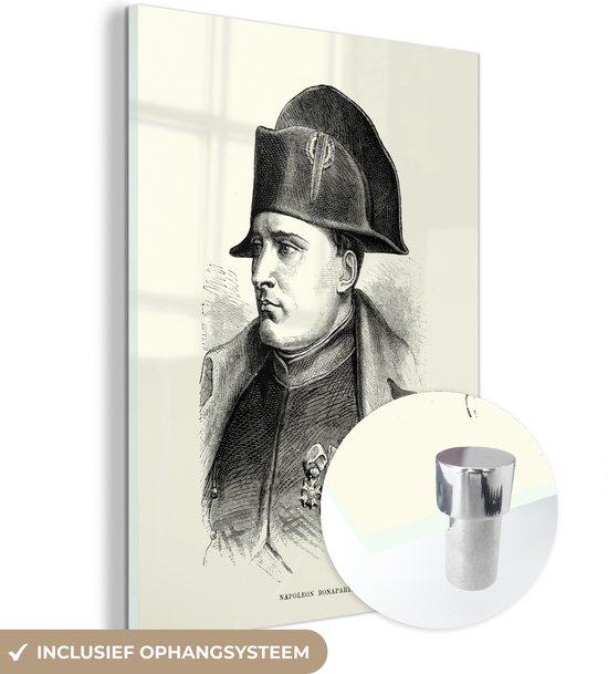MuchoWow® Glasschilderij 60x80 cm - Schilderij acrylglas - Illustratie van Napoleon Bonaparte in het zwart-wit - Foto op glas - Schilderijen