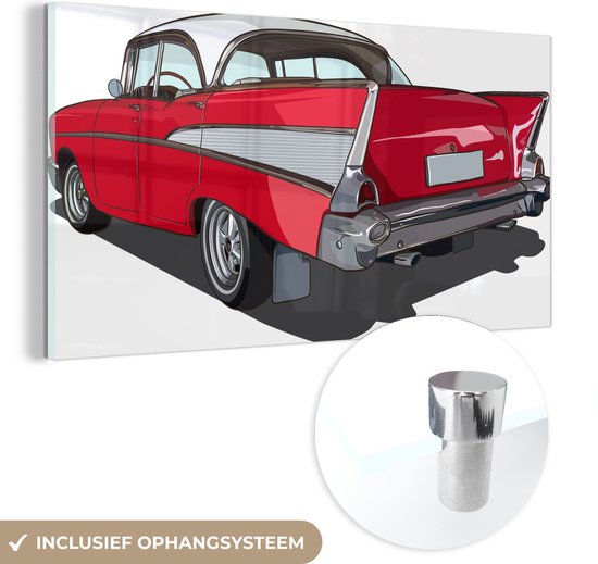 MuchoWow® Glasschilderij 160x80 cm - Schilderij acrylglas - Illustratie van de achterkant van een Amerikaanse auto - Foto op glas - Schilderijen
