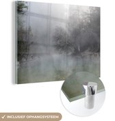 MuchoWow® Glasschilderij 160x120 cm - Schilderij acrylglas - Mist - Bos - Spanje - Foto op glas - Schilderijen