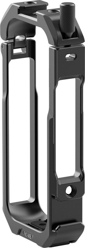 Zwarte, rechthoekige metalen Ulanzi kooi voor de Insta360 X3 met schroefgaten.