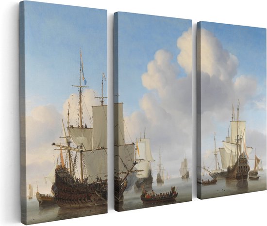 Artaza Canvas Schilderij Drieluik Hollandse Schepen op een Kalme Zee - Willem van de Velde - 90x60 - Foto Op Canvas - Canvas Print