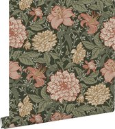 ESTAhome papier peint fleurs vintage vert grisâtre, rose terre cuite et beige - 139381 - 50 x 900 cm