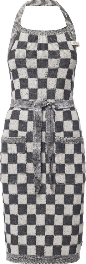 Knit Factory Gebreide Keukenschort Dames & Heren - Kookschort - Kokssloof - Keukensloof - Koksschort - Barbecue schort Block - Ecru/Antraciet - Donkergrijs - One Size - Met steekzakken
