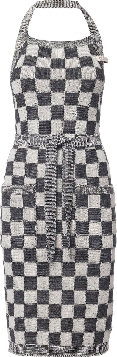 Knit Factory Gebreide Keukenschort Dames & Heren - Kookschort - Kokssloof - Keukensloof - Koksschort - Barbecue schort Block - Ecru/Antraciet - Donkergrijs - One Size - Met steekzakken