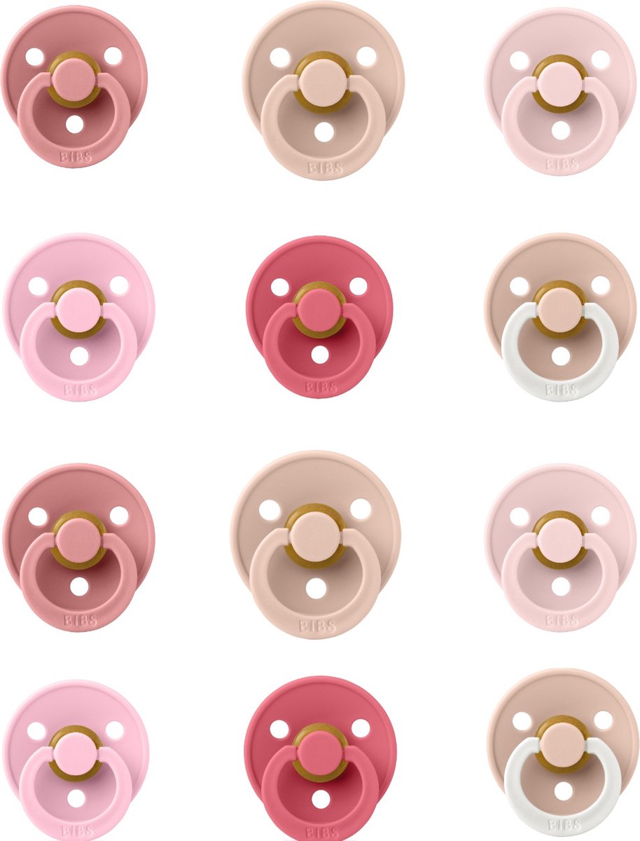 Goedkoopste Bibs fopspeen 0-18 maand set 12 stuks, Dusty Pink,Baby Pink,Blossom,Blush,Coral en Blush Glow maat 1 & 2