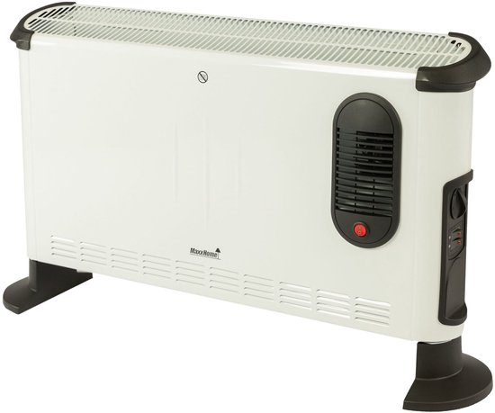 Witte elektrische convector verwarming met zwarte accenten.