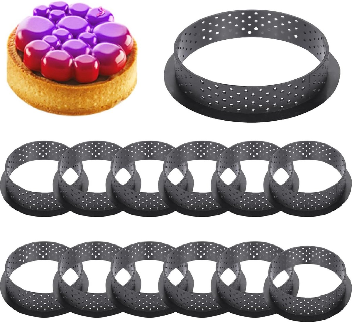 12-delige tartelettevormen - cakevorm - ronde bakvormen - geperforeerde ringen - antiaanbaklaag, voor taartdecoratie
