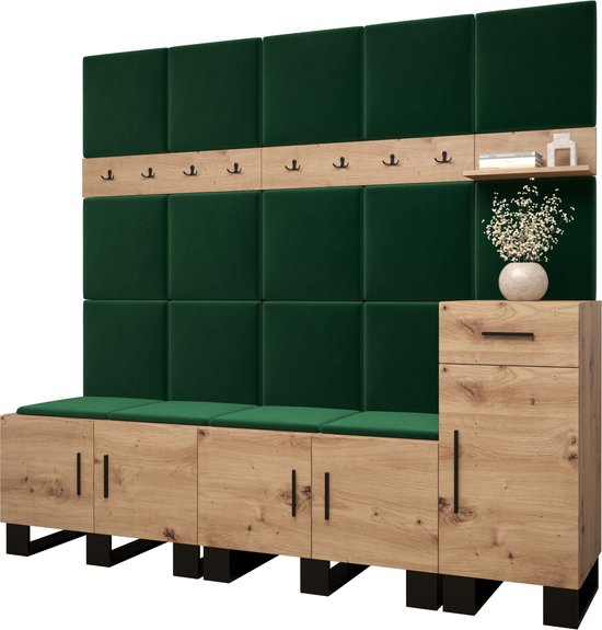 Garderobekast Ganggarderobe Compacte garderobe Vestibule Wandkast Plank Hal & Gang Kast Schoenenkast Gestoffeerde panelen en met een kussen - (BxHxD): 210x196x45,6 cm - ERNETST 8 - Artisan (Groen (Manilla 35))