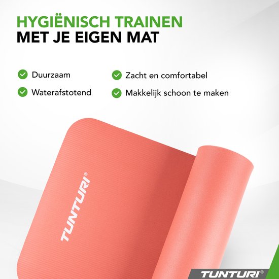 Koraalrode Tunturi yogamat, 180x60x1,5 cm. Duurzaam, waterafstotend, zacht en comfortabel.