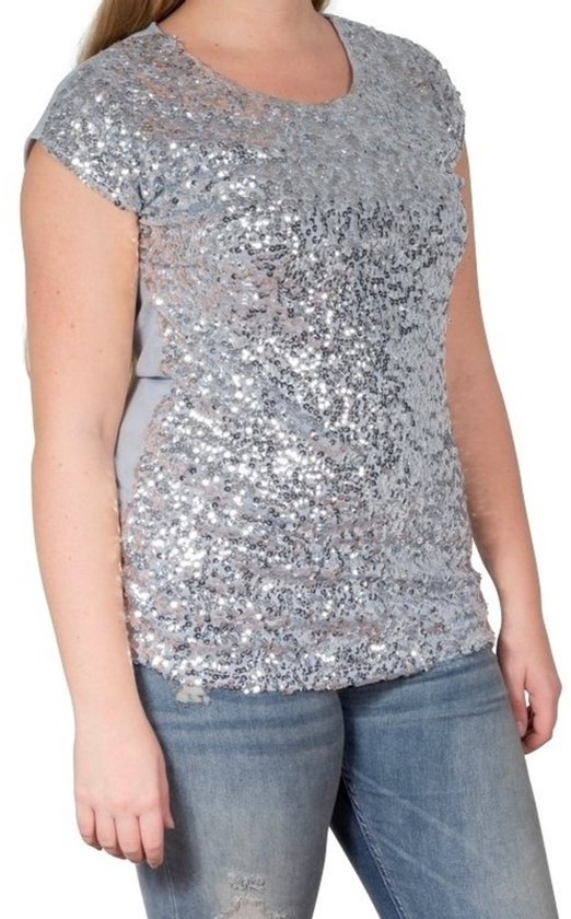 Metallic shirt dames glitter shirt metallic T-shirt top korte mouwen pailletten bovendeel dames zilver effen ronde hals glanzende dansclub carnaval party clubwear performance kostuum, zilver., S