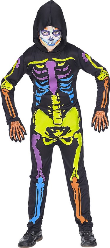 Widmann - Spook & Skelet Kostuum - Felgekleurd Neon Skelet Kind Kostuum - Multicolor - Maat 158 - Halloween - Verkleedkleding