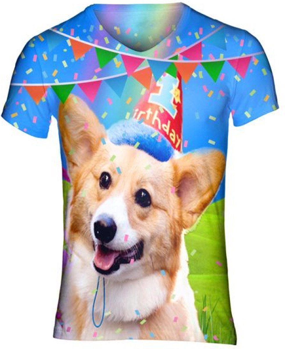 Verjaardags shirt met Corgi Maat S V-hals - Festival shirt - Superfout - Fout T-shirt - Feestkleding - Festival outfit - Foute kleding - Verjaardagskleding - Hondenshirt - Dierenshirt - Verjaardagsfeest - Kleding voor jarige
