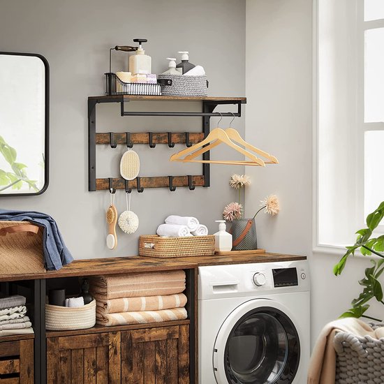 HOOBRO Wandgarderobe, wandkast met legbord, wandrek met 10 haken en stangen, hoedenplank, hangrek, 80 x 30 x 42 cm, voor hal, woonkamer, slaapkamer, industriële stijl, greige-zwart EBG12YM01