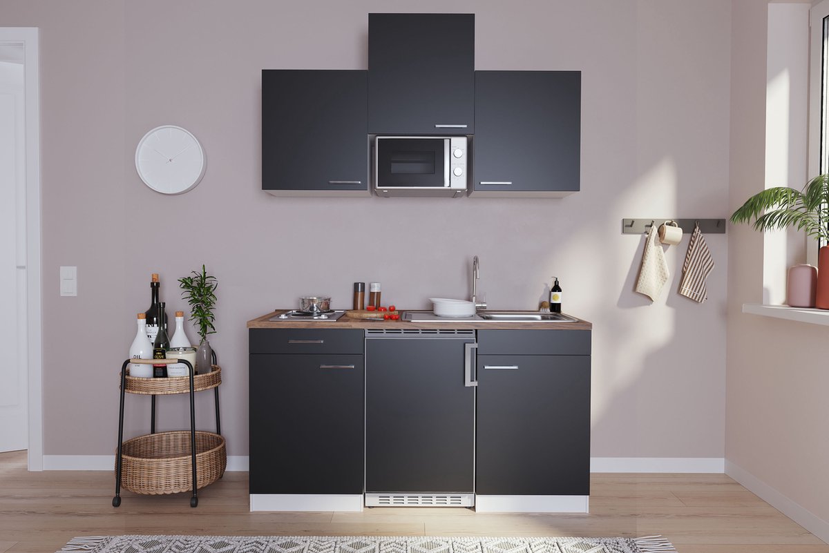 Goedkope keuken 150 cm - complete kleine keuken met apparatuur Luis - Wit/Zwart - elektris