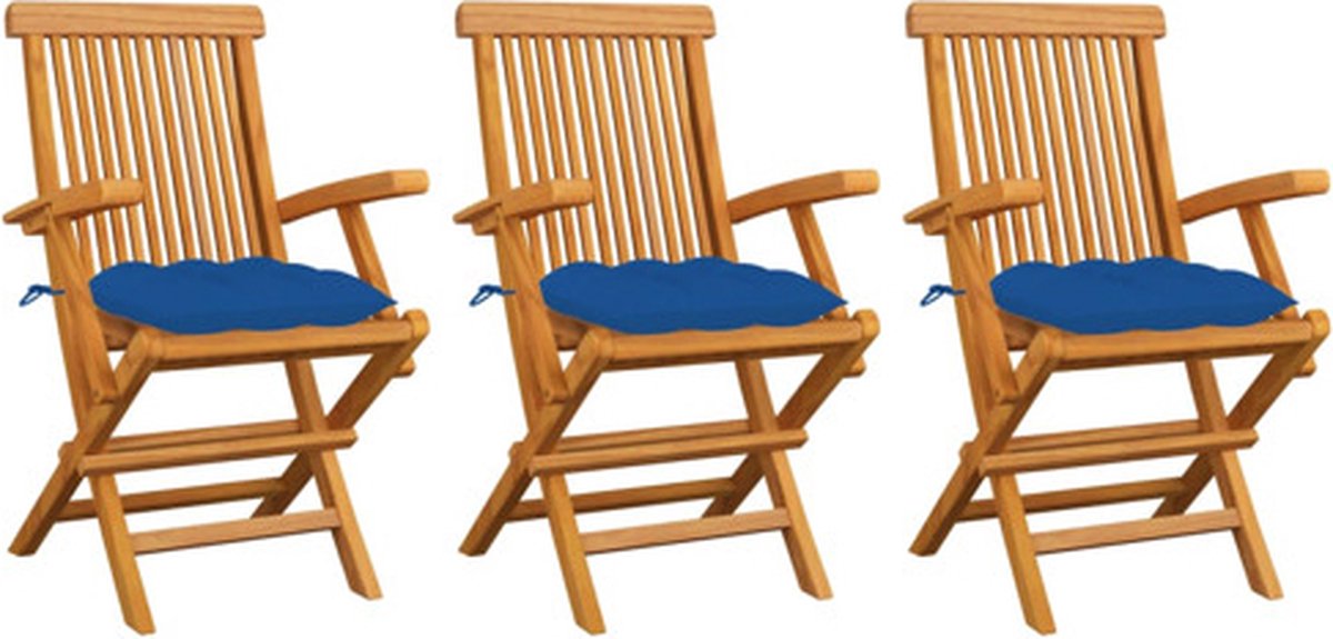 vidaXL - Tuinstoelen - 3 - st - met - blauwe - kussens - massief - teakhout
