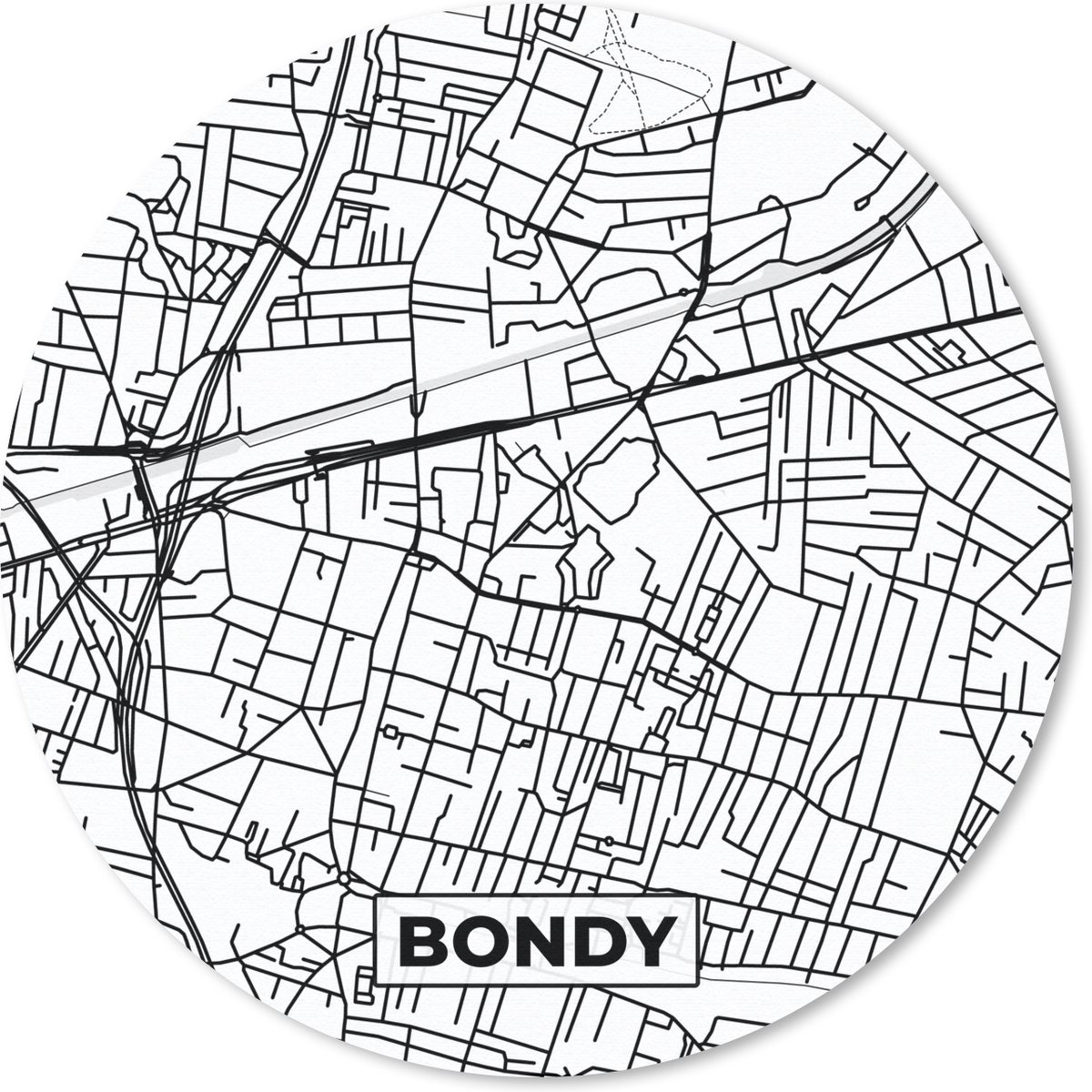 Muismat rond 20x20 cm - Mousepad Kaart - Bondy - Stadskaart - Frankrijk - Plattegrond - Zwart wit - Ronde muismatten - Stadskaart