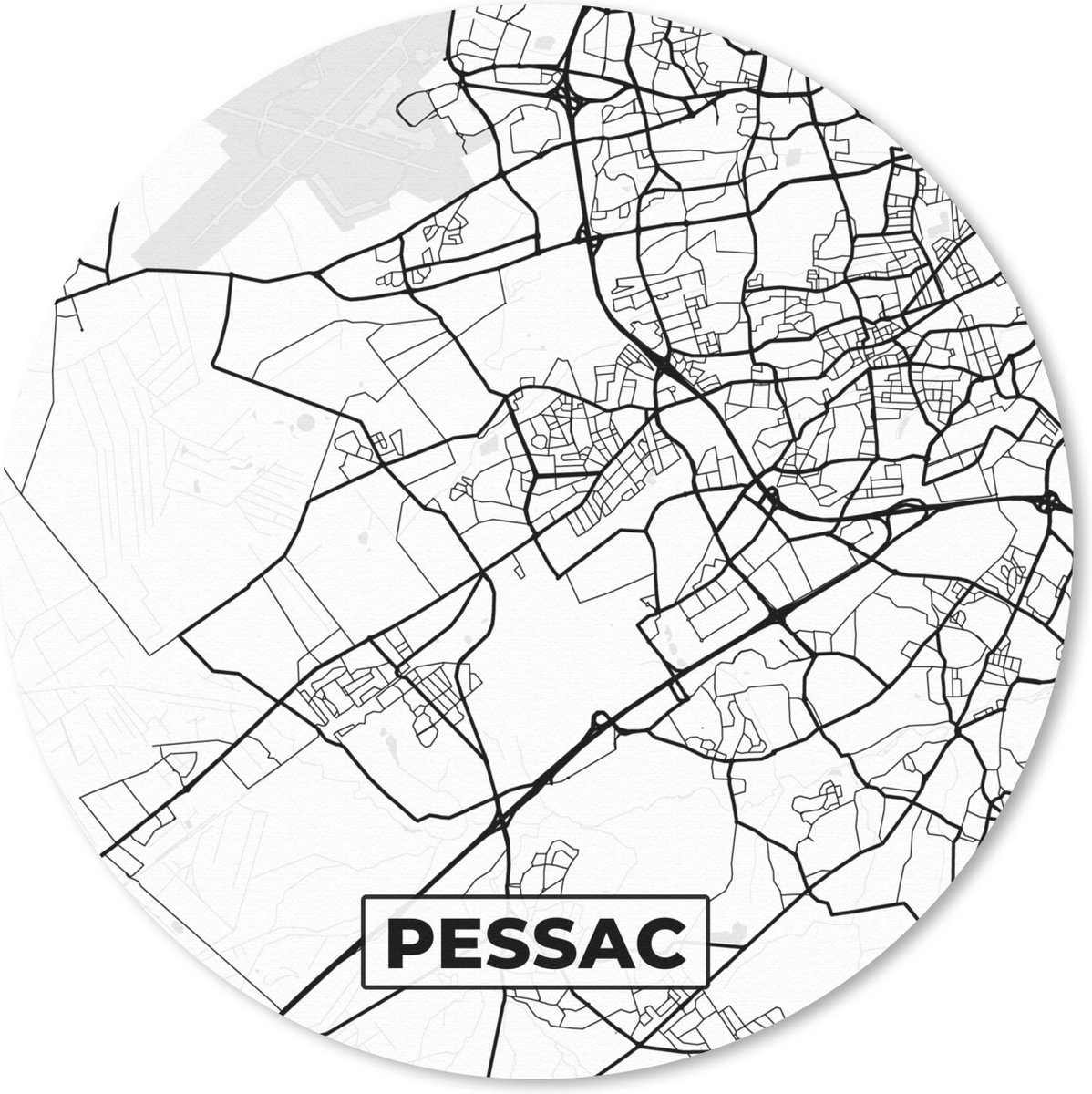 Muismat rond 50x50 cm - Mousepad Kaart - Stadskaart - Pessac - Frankrijk - Plattegrond - Zwart wit - Ronde muismatten - Stadskaart