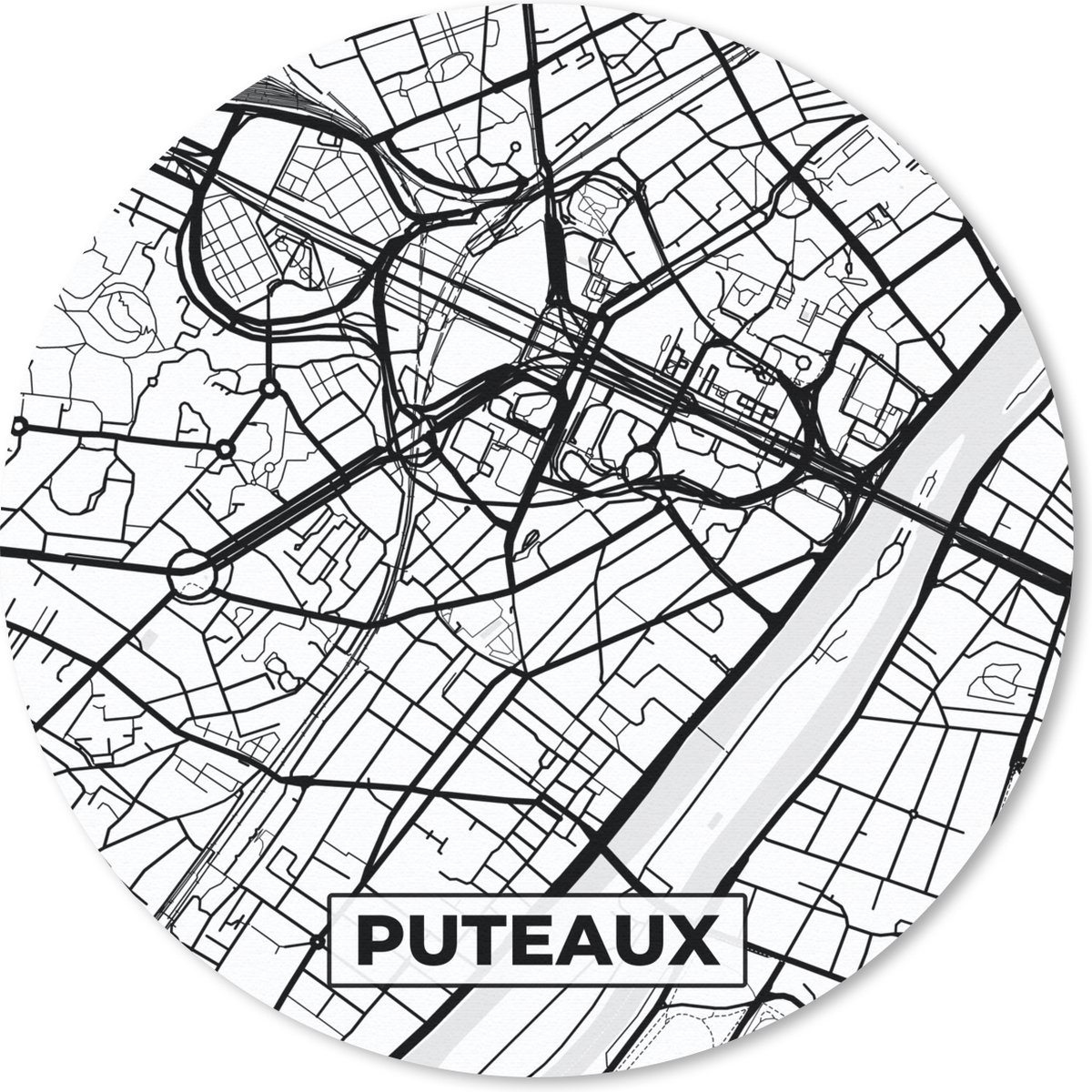 Muismat rond 40x40 cm - Mousepad Kaart - Puteaux - Plattegrond - Frankrijk - Stadskaart - Zwart wit - Ronde muismatten - Stadskaart