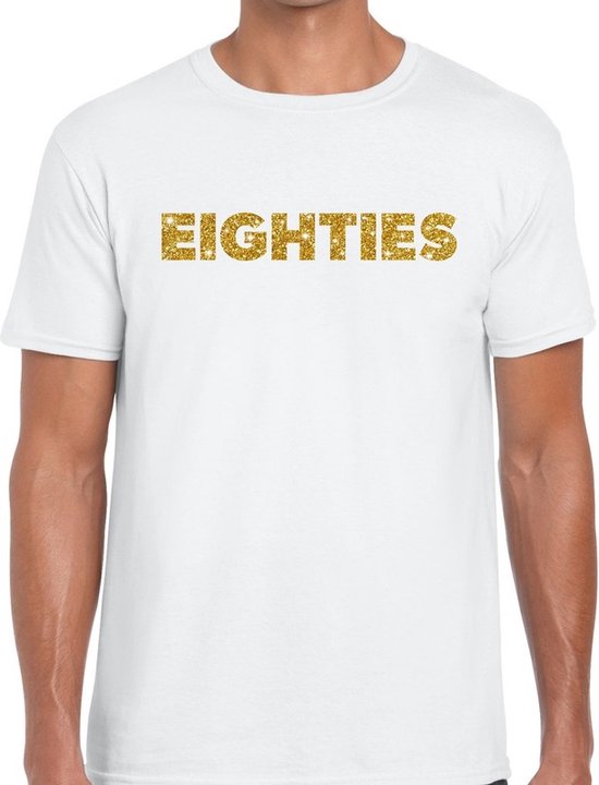 Foto: Eighties goud glitter tekst t shirt wit heren jaren 80 eighties kleding s