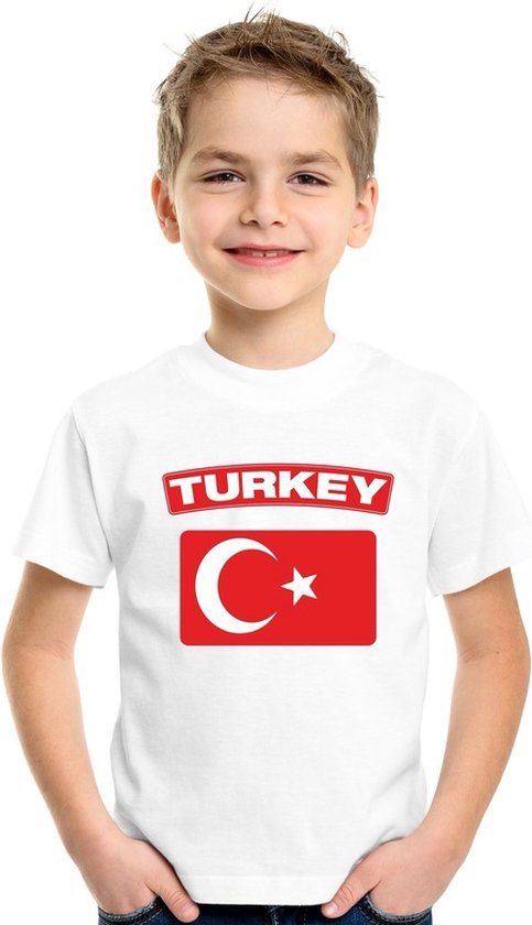 Supporters kleding - t-shirt van vlag Turkije - wit - voor kinderen - korte mouwen - sport 146/152