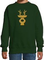 Rendier hoofd Kerstsweater - groen met gouden glitter bedrukking - kinderen - Kersttruien / Kerst outfit 134/146