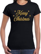 Foute Kerst t-shirt - Merry Christmas - goud / glitter - zwart - dames - kerstkleding / kerst outfit L