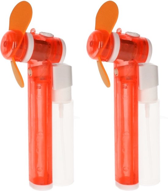 Handventilator oranje met waterverstuiver set 2x mini ventilator 16 cm compact draagbaar batterij niet inbegrepen