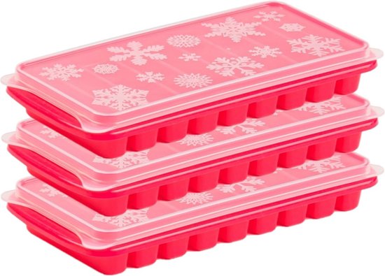 Foto: 3x stuks trays met flessenhals ijsblokjes ijsklontjes ijsblok staafjes vormpjes 10 vakjes kunststof roze met afsluit deksel