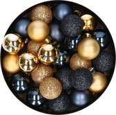 28x stuks kunststof kerstballen goud en donkerblauw mix 3 cm - Kerstboomversiering