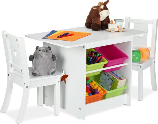 Relaxdays kindertafel en stoeltjes - speeltafel met opbergbakken - witte kindermeubelset
