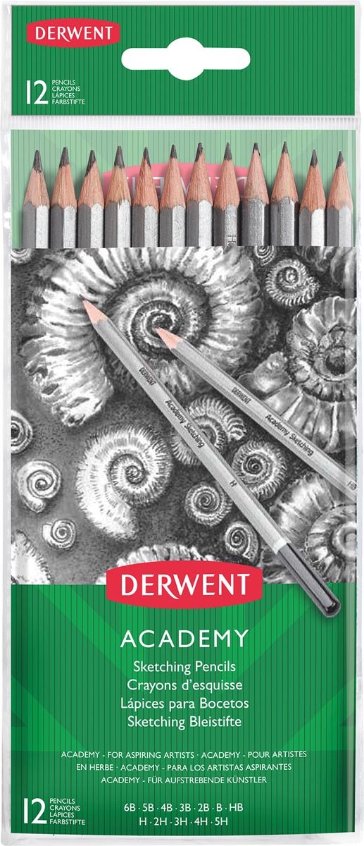 Derwent grafietpotloden Academy , pak van 12 stuks: 6B-5B-4B-3B-2B-B-HB-H-2H-3H-4H-5H 12 stuks