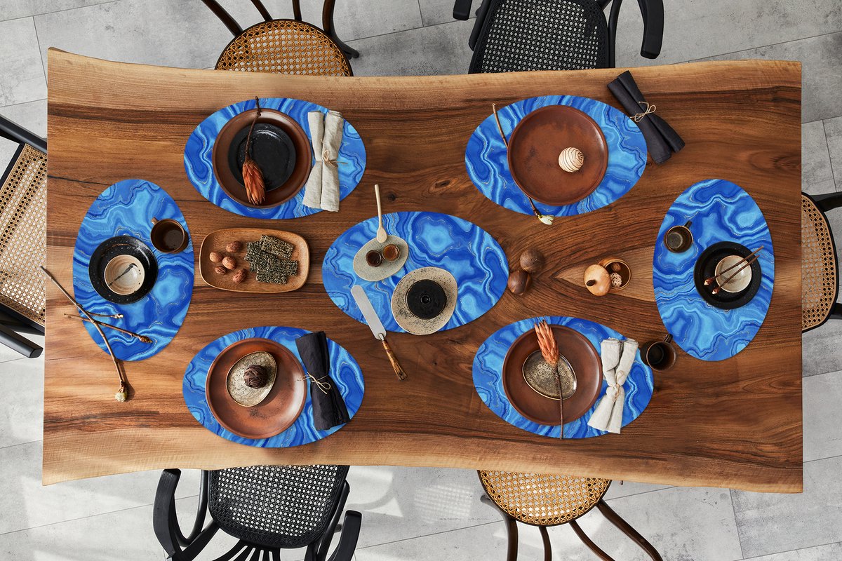 Placemats ovaal - Onderleggers - Ovale placemats - Marmer print - Goud - Hemel - 8 stuks