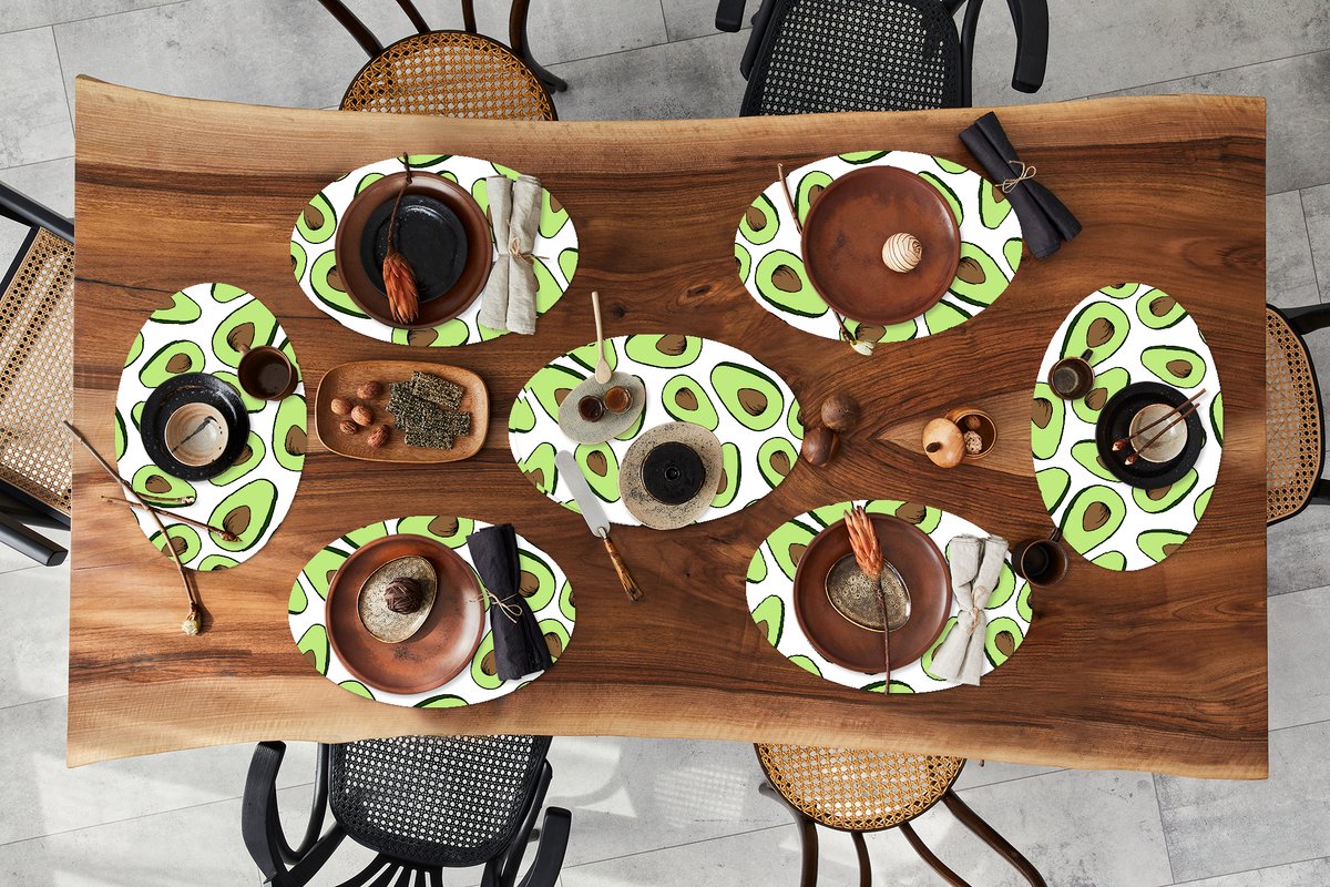 Placemats ovaal - Onderleggers - Ovale placemats - Avocado - Patronen - Pastel - 8 stuks