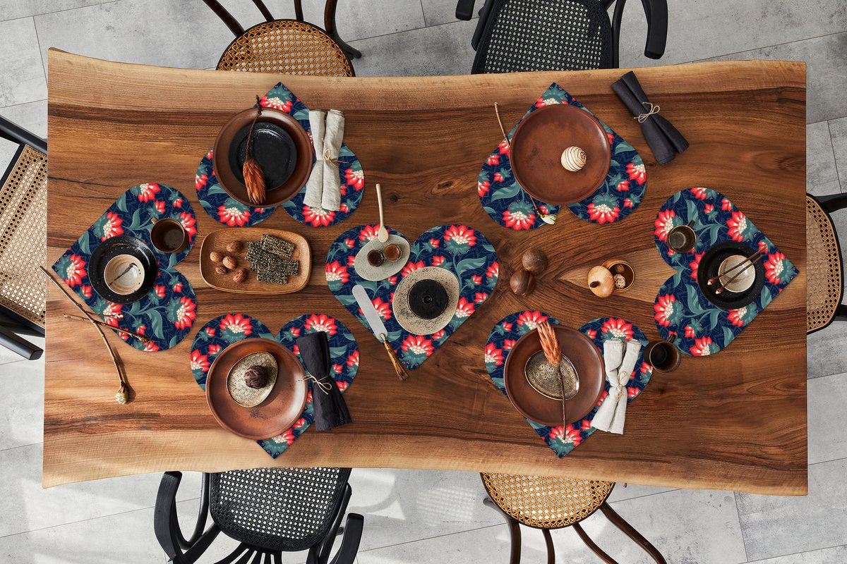 Onderleggers - Placemats - Placemats hartje - Design - Bloemen - Rood - 8 stuks