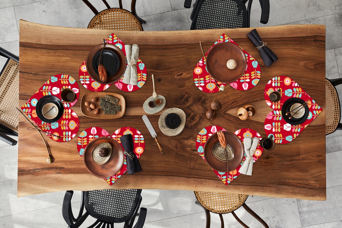 Onderleggers - Placemats - Placemats hartje - Patronen - Bloemen - Retro - Rood - 6 stuks
