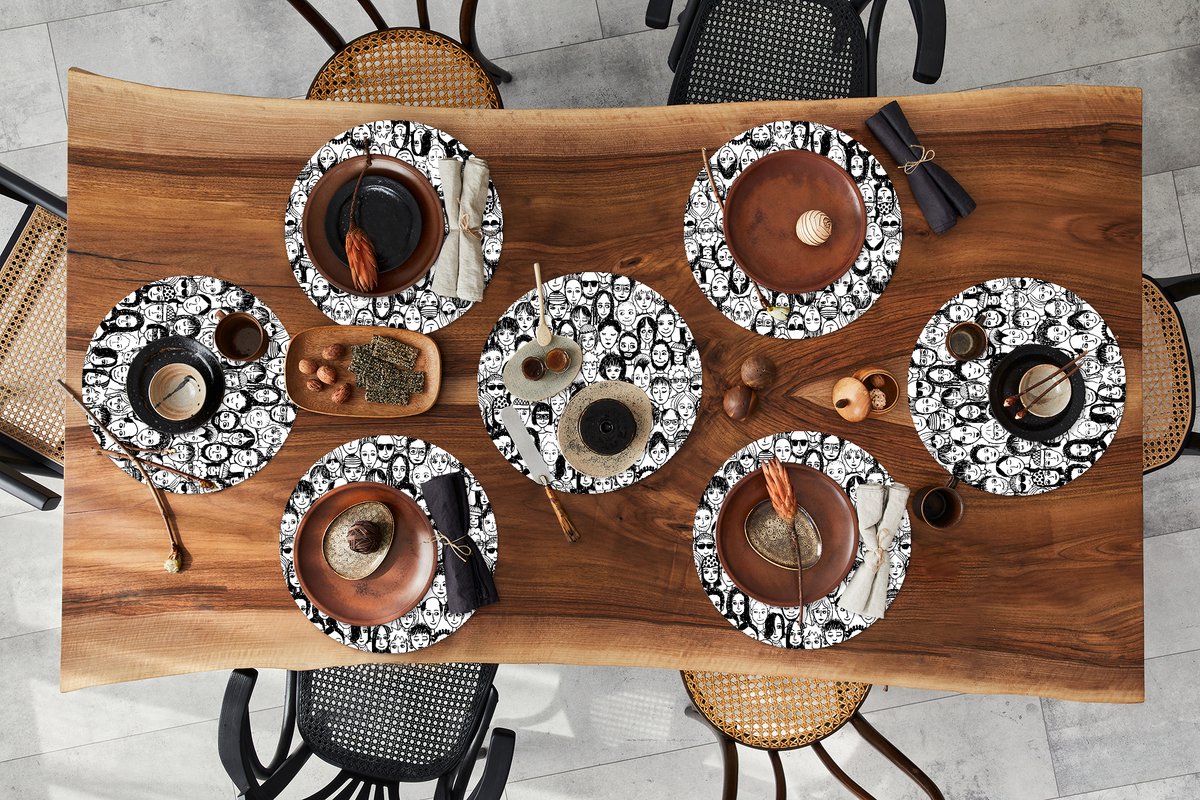 Ronde placemats - Onderlegger - Placemats rond - Patronen - Gezicht - Zwart Wit - 8 stuks