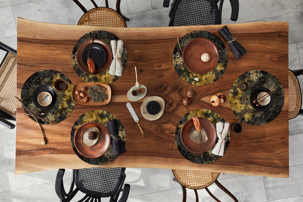 Ronde placemats - Onderlegger - Placemats rond - Marmer print - Goud - Zwart - 6 stuks