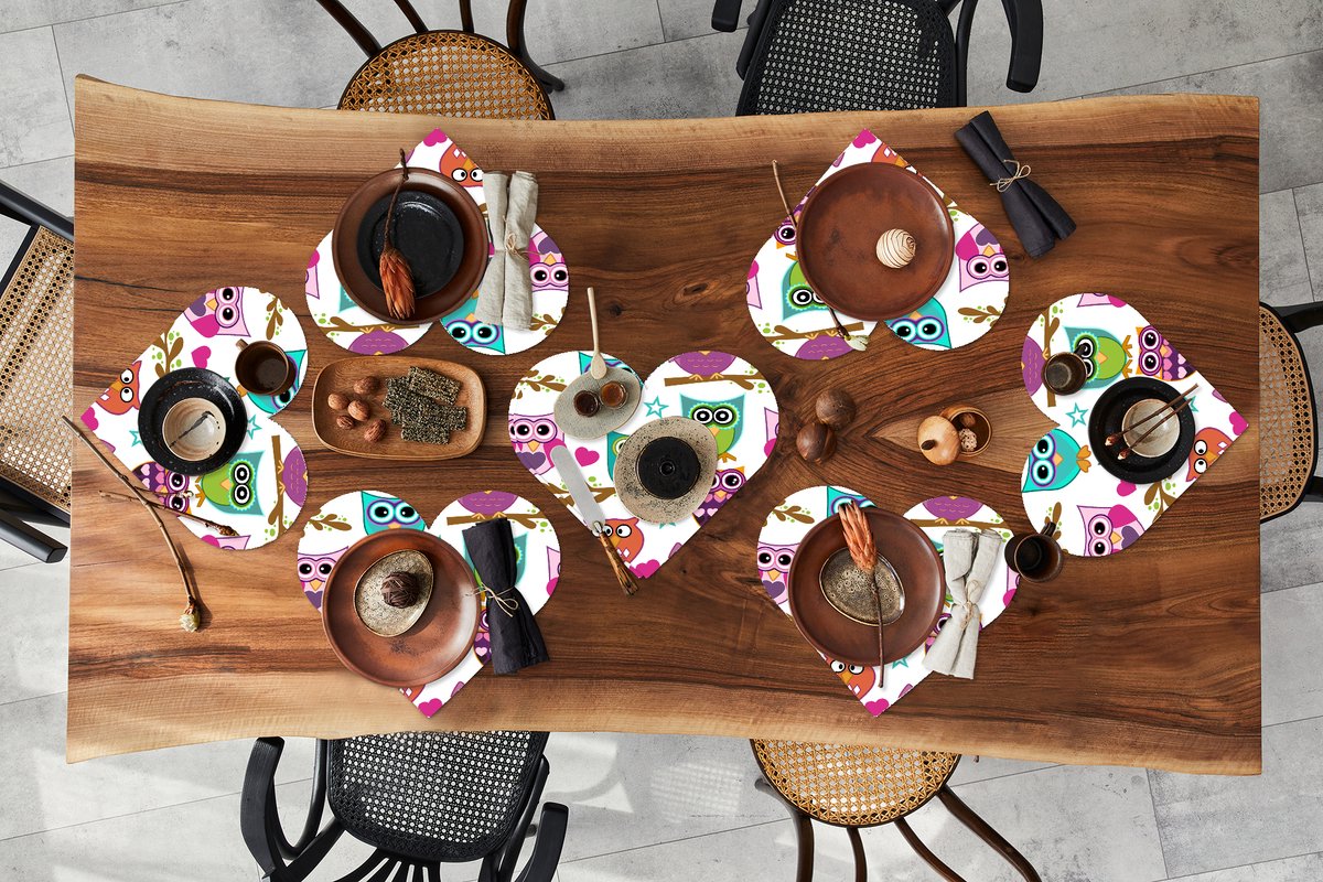 Onderleggers - Placemats - Placemats hartje - Design - Uilen - Dieren - 8 stuks