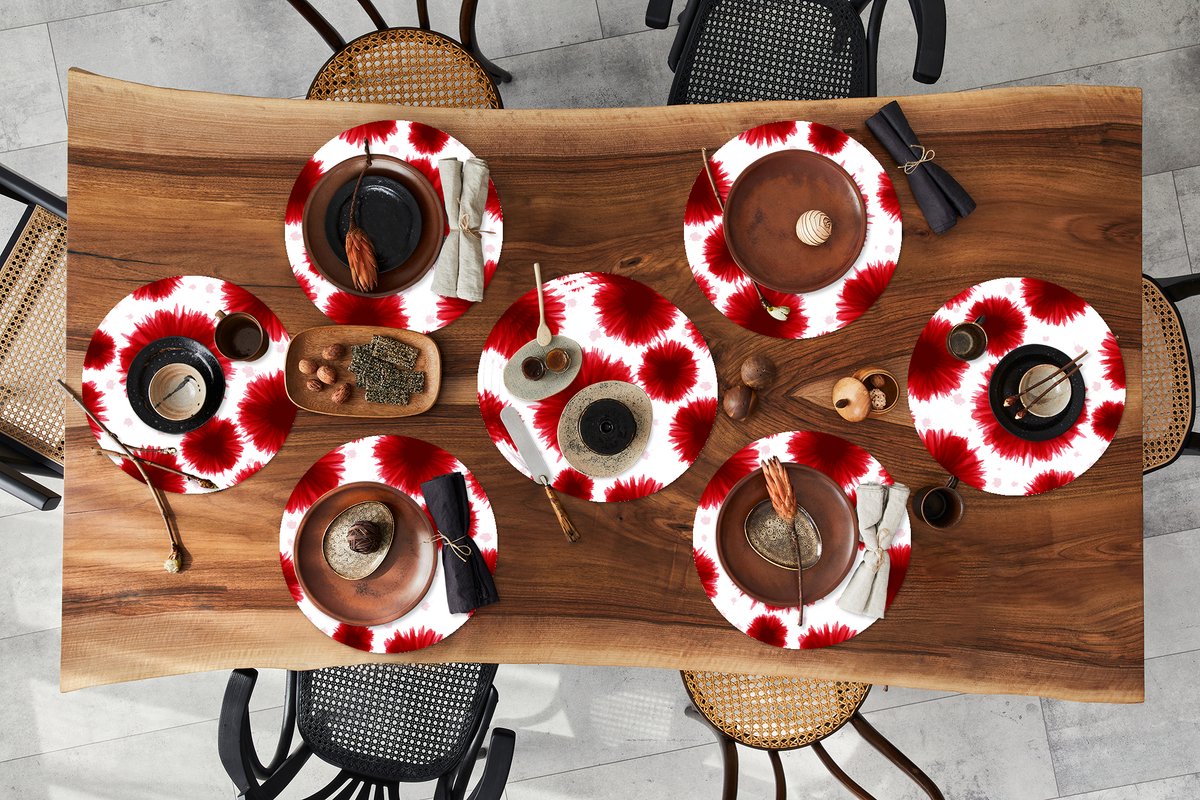 Ronde placemats - Onderlegger - Placemats rond - Aquarelverf - Rood - Bloemen - 10 stuks