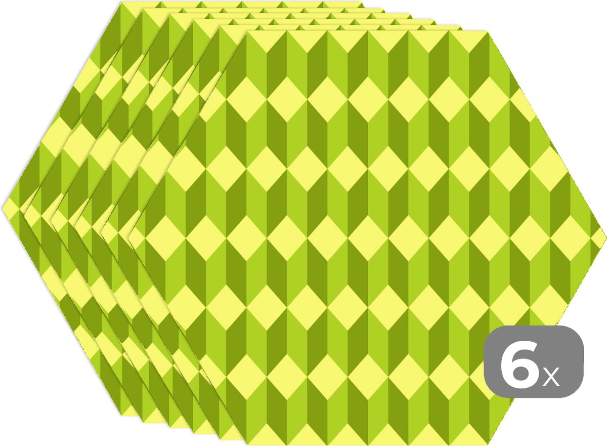 Placemats hexagon - Onderleggers placemats - Placemat zeshoek - Patroon - Groen - Blokken - 6 stuks