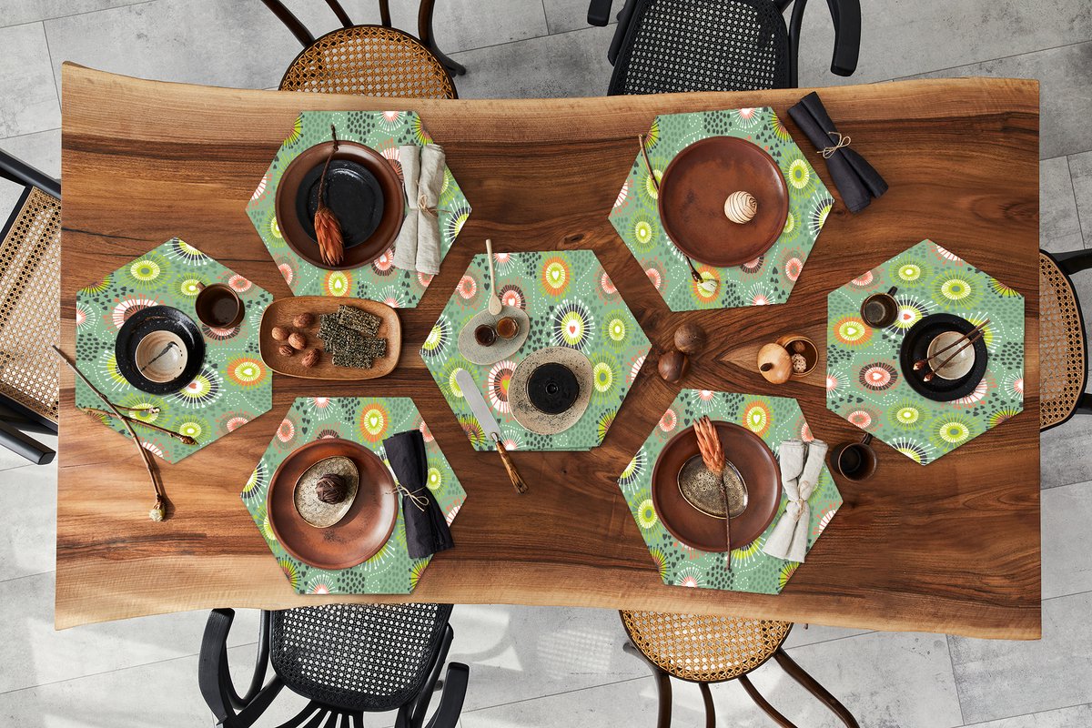 Placemats hexagon - Onderleggers placemats - Placemat zeshoek - Bloem - Design - Hartjes - 8 stuks
