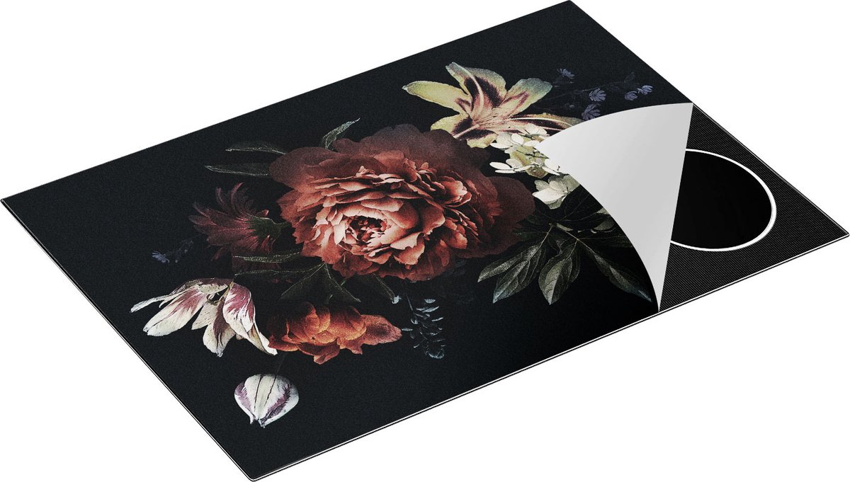 Chefcare Inductie Beschermer Bloemen op een Zwart Achtergrond - 75x55 cm - Afdekplaat Inductie - Kookplaat Beschermer - Inductie Mat