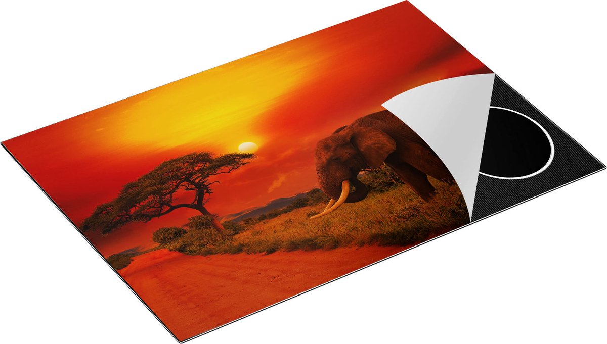 Chefcare Inductie Beschermer Olifant in het Wild tijdens Zonsondergang - 75x50 cm - Afdekplaat Inductie - Kookplaat Beschermer - Inductie Mat